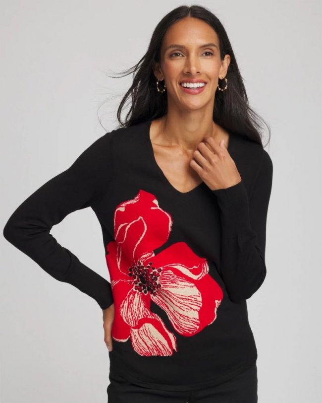 Chicos Ella V-Neck Floral Intarsia Sweater - BLACK