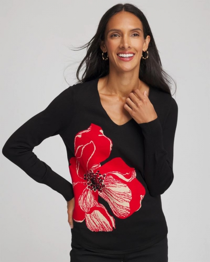 Chicos Ella V-Neck Floral Intarsia Sweater - BLACK