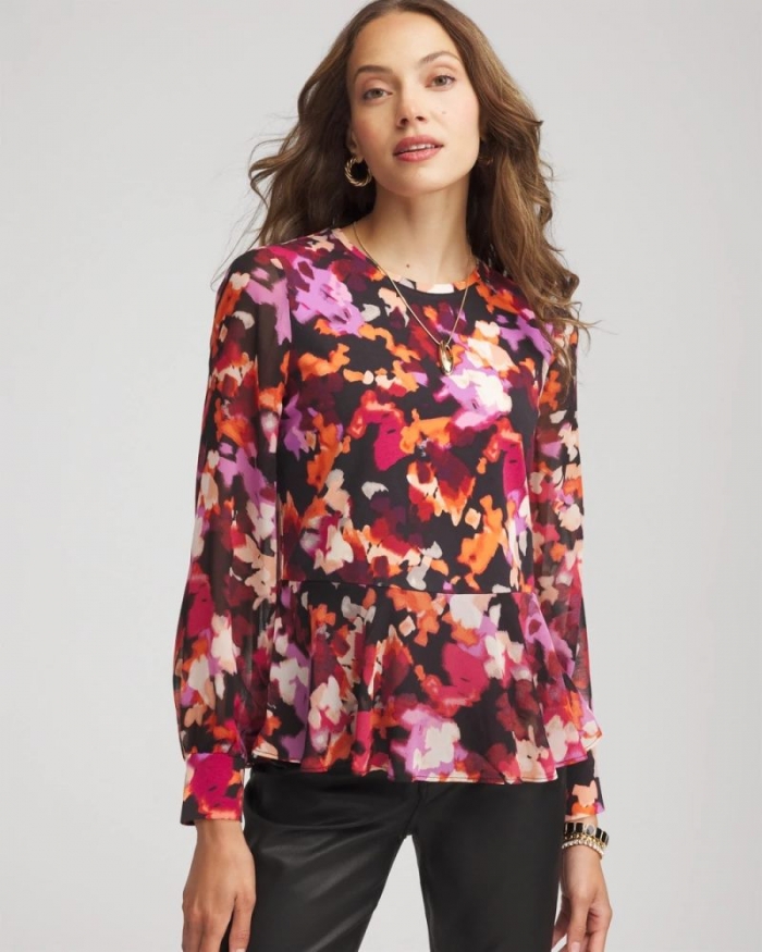 Chicos Printed Chiffon Peplum Top - BLACK
