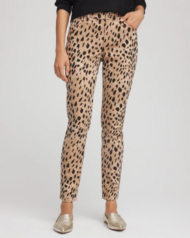 Chicos Leopard Girlfriend Slim Ankle Jeans - CARAMEL APPLE