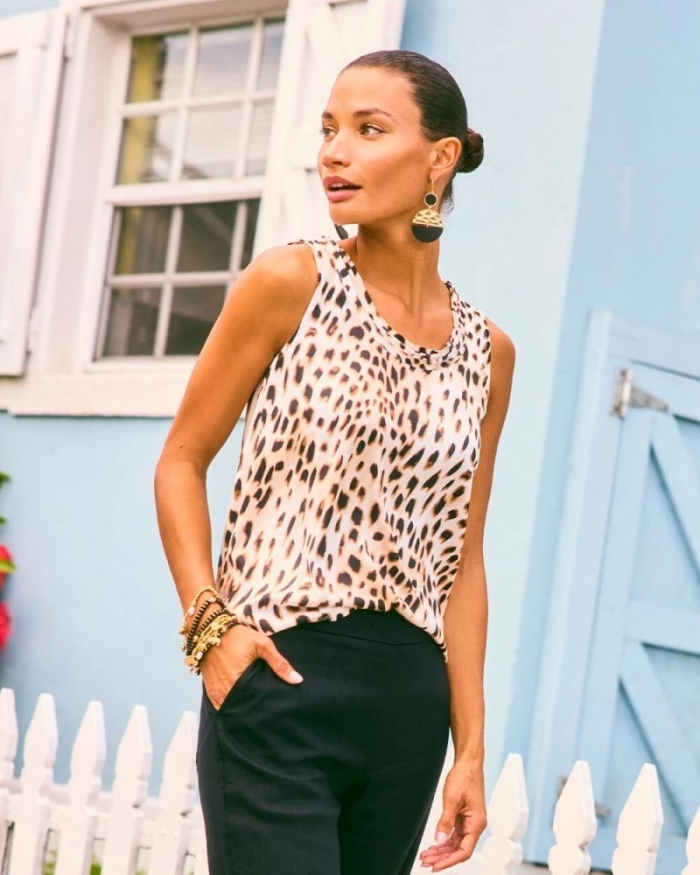 Chicos Animal Print Jersey Satin Tank Top - BLACK