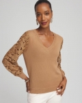 Chicos Woven Lace V-Neck Pullover Sweater - CARAMEL APPLE