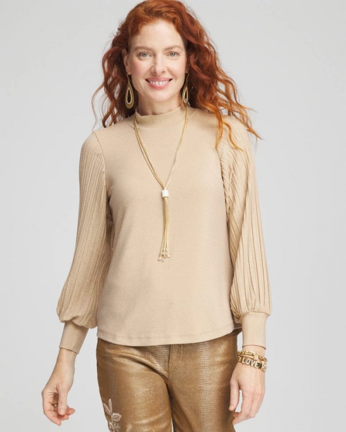 Chicos Shimmer Mock-Neck Top - CHAMPAGNE