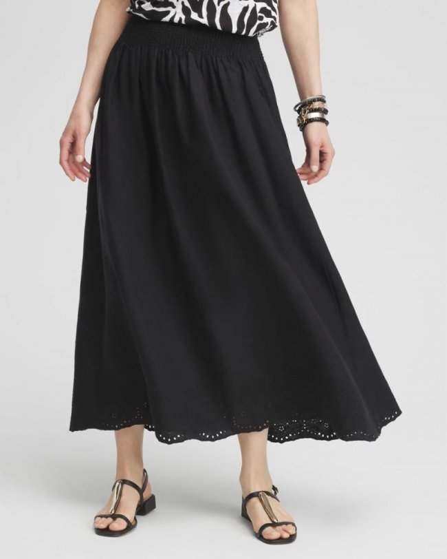 Chicos Linen Embroidered Scallop Hem Skirt - BLACK