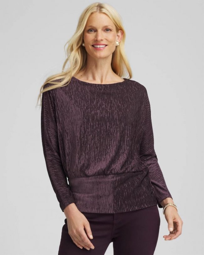 Chicos Crinkle Velvet Banded-Bottom Top - NIGHT BLOOM