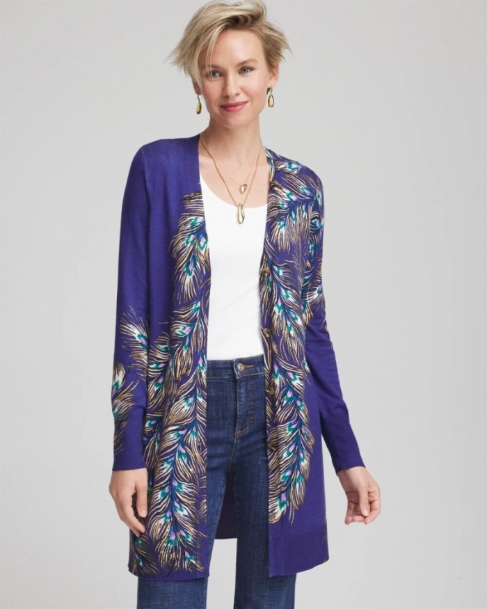 Chicos Ella Peacock-Print Cardigan Sweater - DARK COBALT