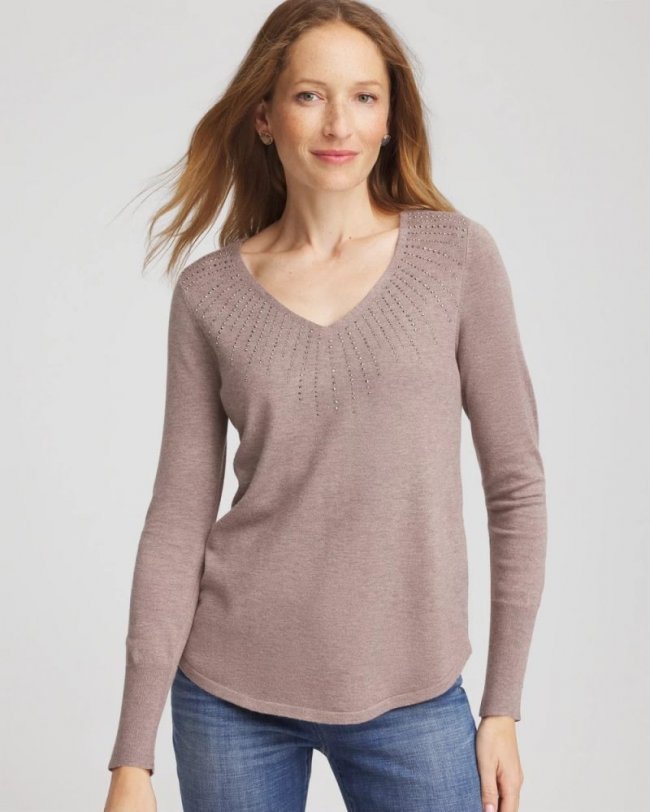 Chicos Ella Embellished V-Neck Sweater - TAUPE HEATHER