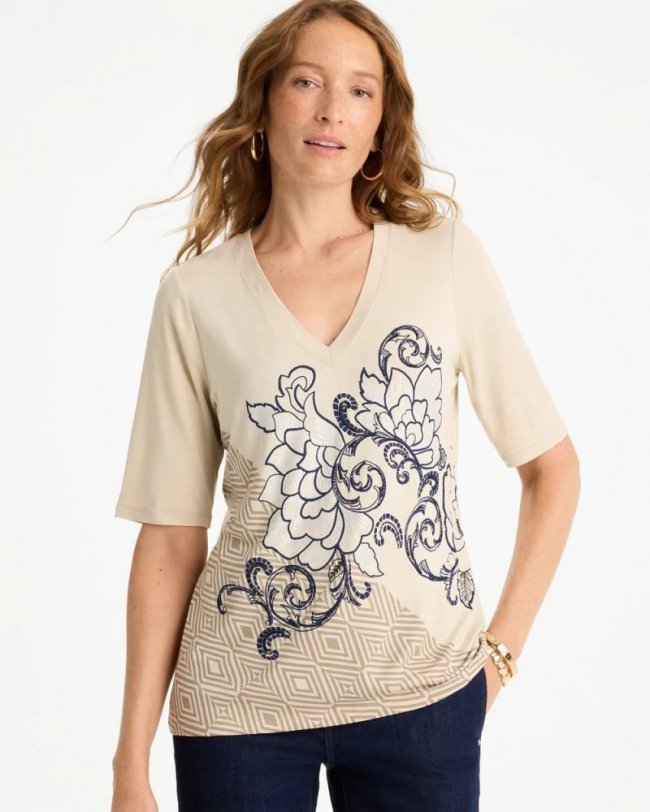 Chicos Knit Sequin Elbow Tee - TOPAZ SMOKE