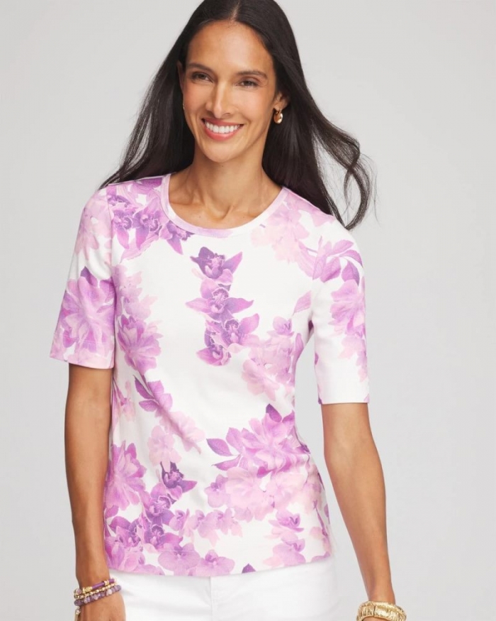 Chicos Tropical Floral Pima Crewneck Tee - ALABASTER