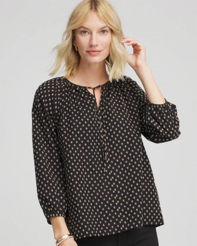 Chicos Floral Print Tie-Neck Top - BLACK