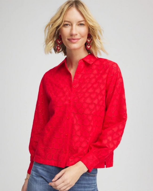 Chicos Heart Eyelet Button Down Shirt - LOVE LETTER RED