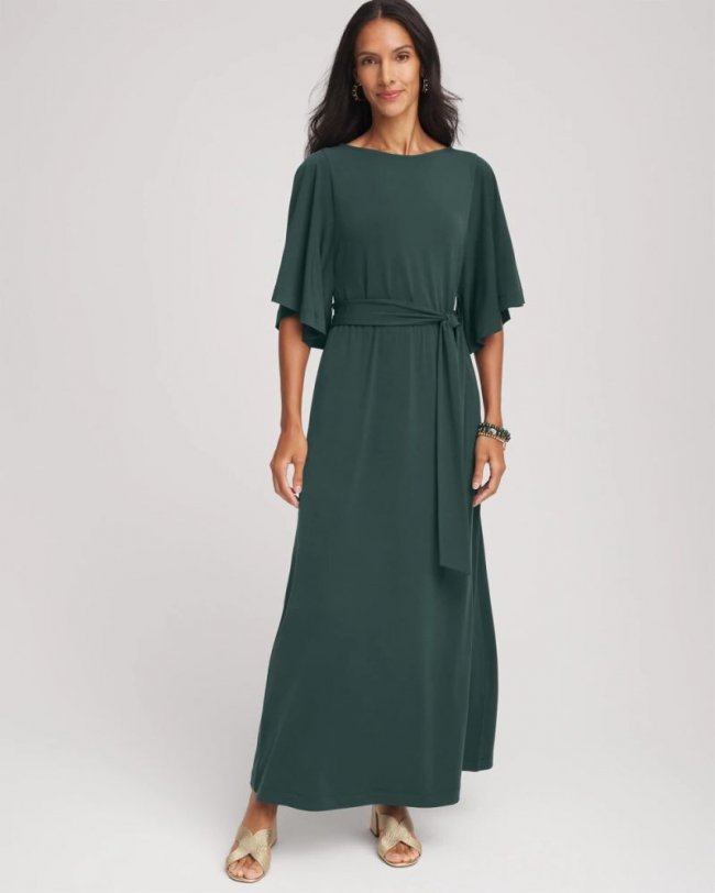 Chicos Belted Flutter-Sleeve Maxi Dress - DARKEST SPRUCE