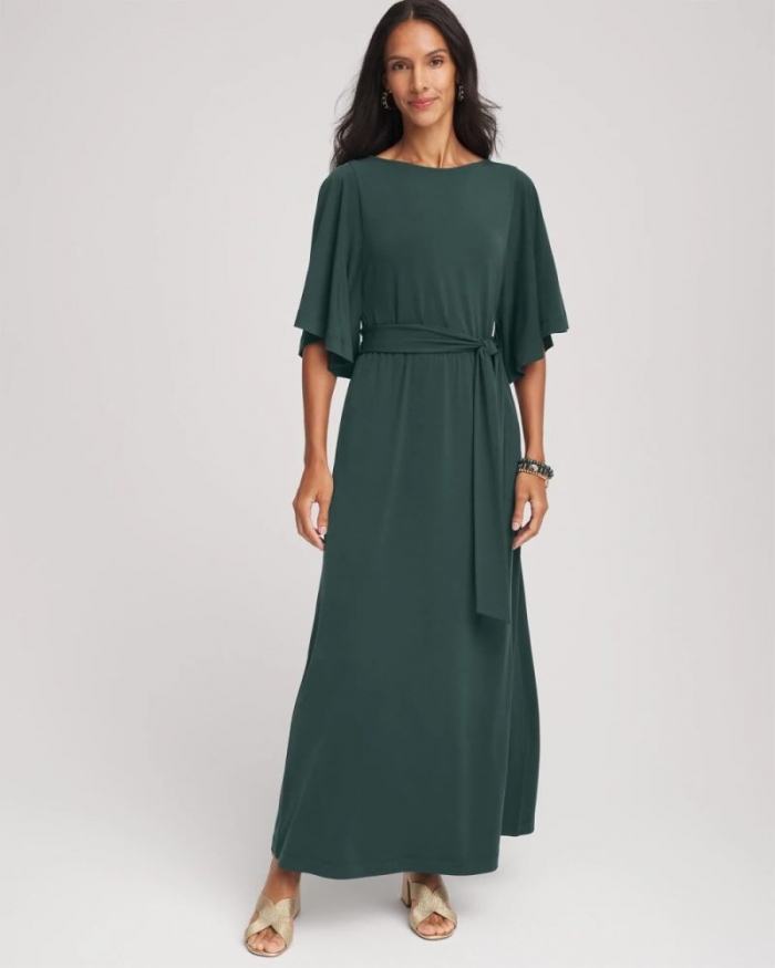 Chicos Belted Flutter-Sleeve Maxi Dress - DARKEST SPRUCE
