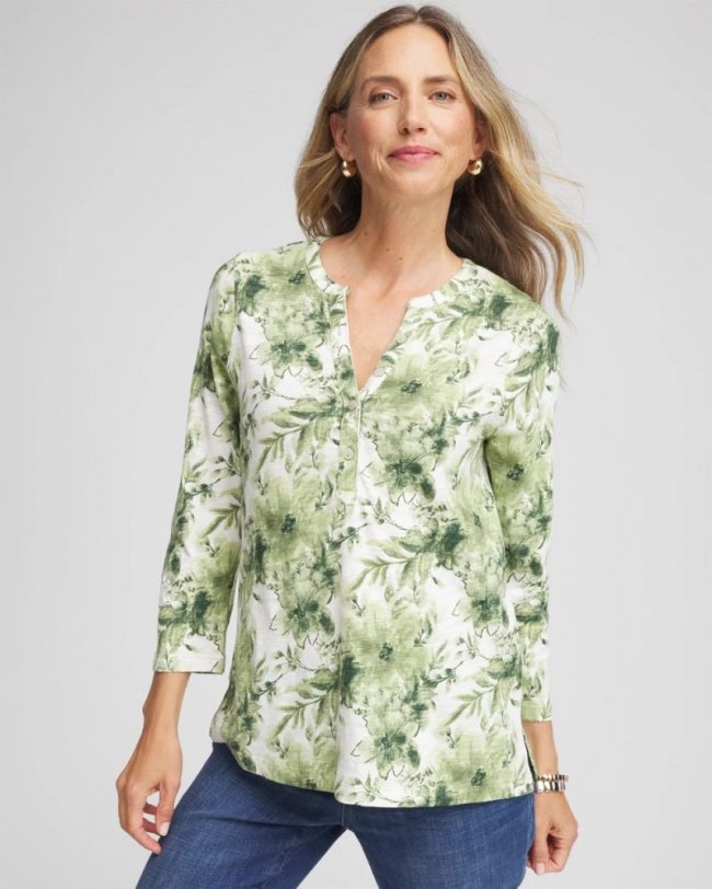 Chicos Printed Slub Splitneck Henley Tee - SAGE MEADOW