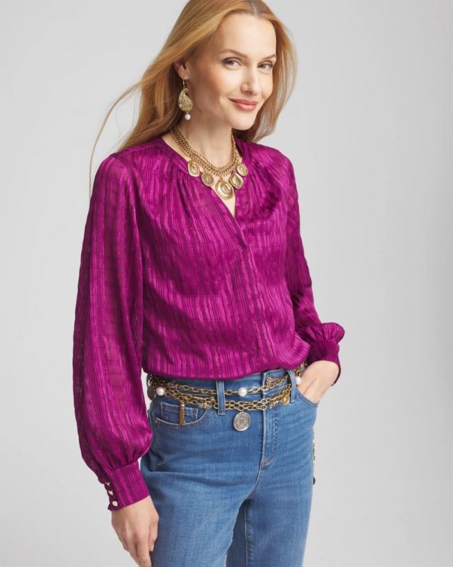 Chicos Split Neck Crinkle Blouse - SWEET BERRY