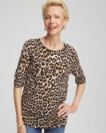 Chicos Cashmere Animal Elbow-Sleeve Pullover - CAMEL