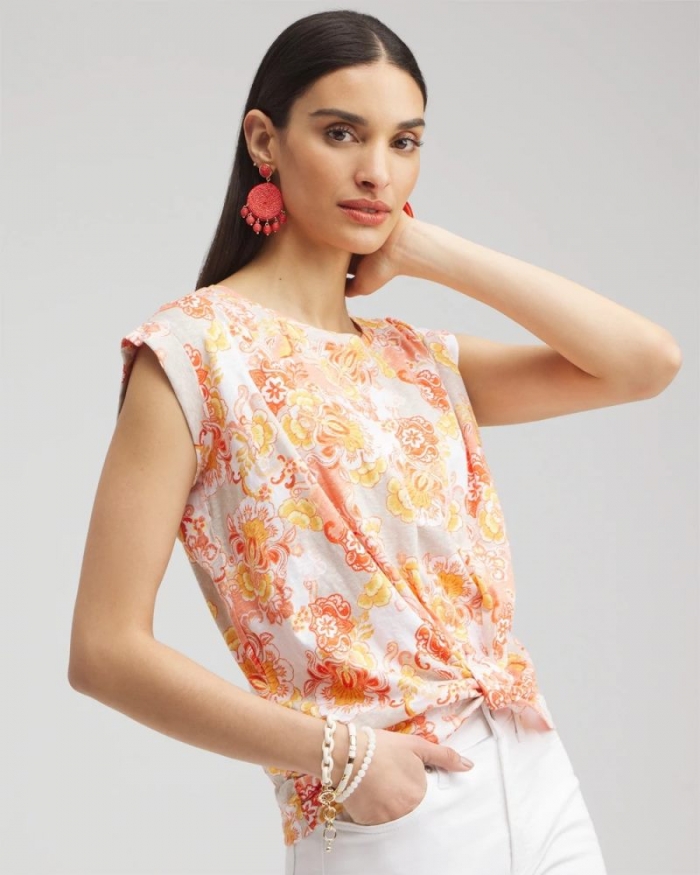 Chicos Floral Knot Front Tee - SMOKEY TAUPE