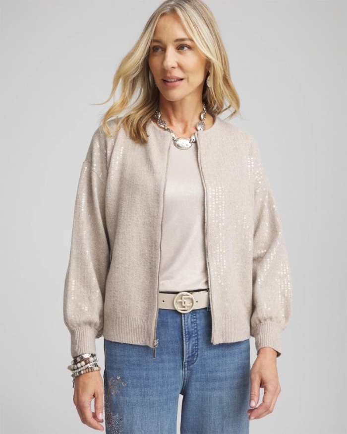 Chicos Sequin Zip Front Cardigan - HELIUM