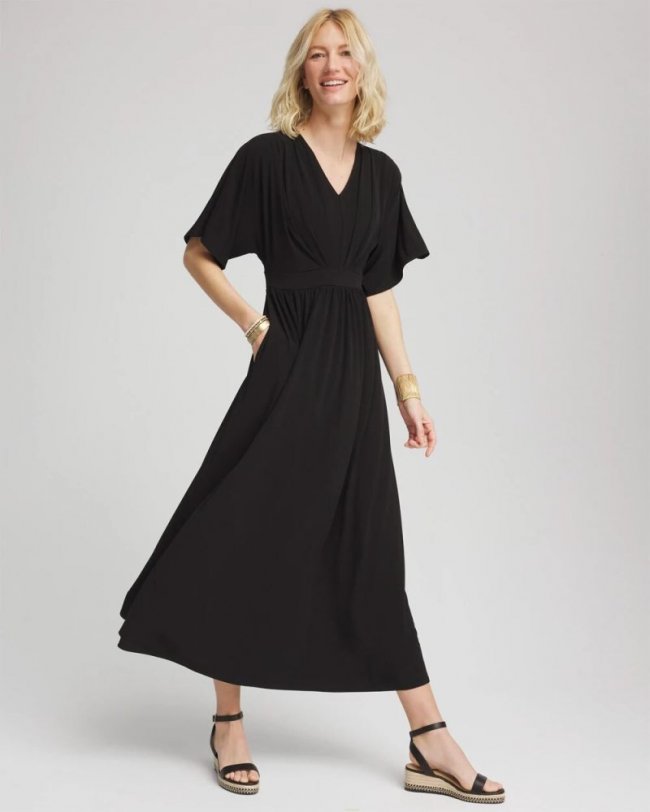 Chicos Flutter-Sleeved Jersey Maxi Dress - BLACK