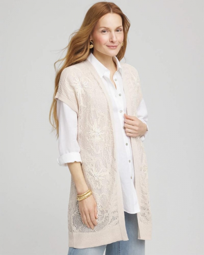Chicos Pointelle Open-Front Cardigan - GLISTENING SAND