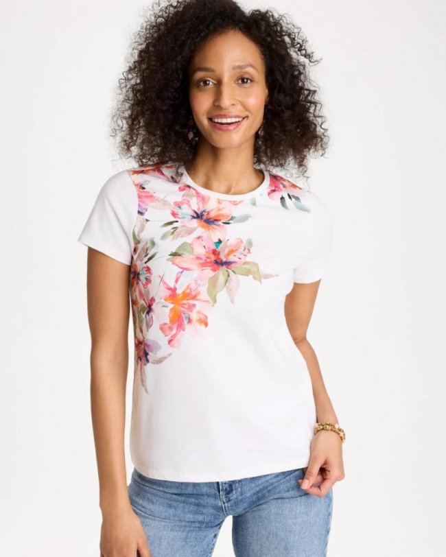 Chicos Cotton Stretch Ethereal Floral Cap Sleeve Tee - CALYPSO CORAL