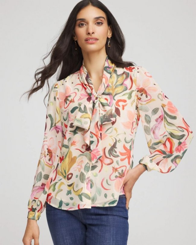 Chicos Floral Jacquard Tie-Front Blouse - CASHEW