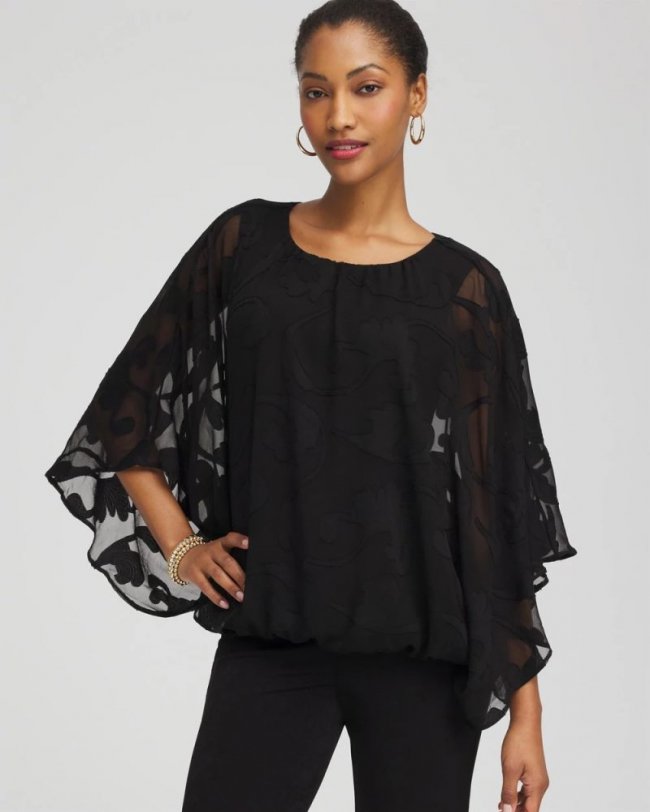Chicos Travelers™ Chiffon Burnout Bubble-Hem Top - TRAVELERS BLACK