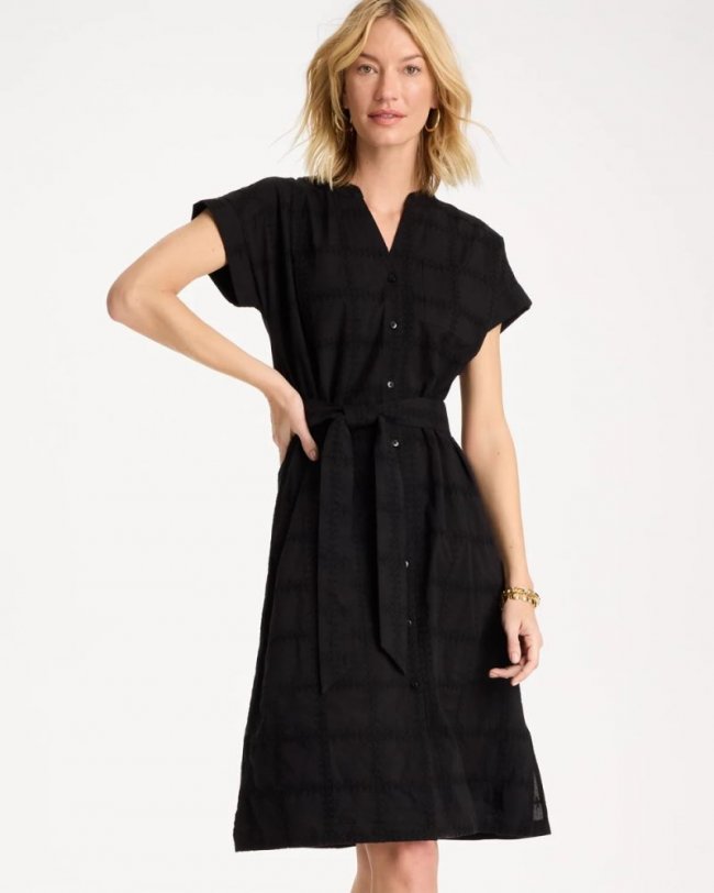 Chicos Embroidered Cotton Shirtdress - BLACK