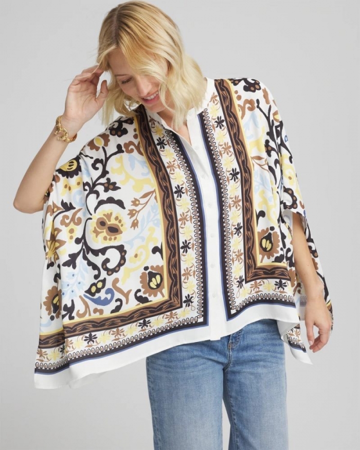 Chicos Printed Button-Front Poncho - ECRU
