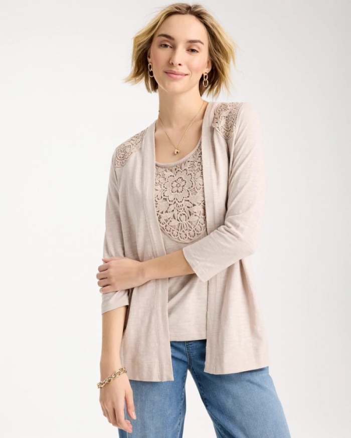 Chicos Embroidered Cotton Slub 3/4 Sleeve Cardigan - SMOKEY TAUPE