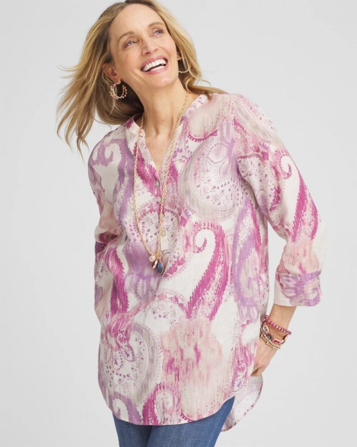 Chicos No Iron Multi Paisley Linen Tunic - FRENCH BLUSH