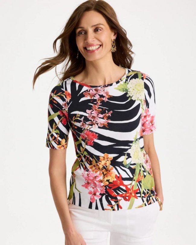 Chicos Tropical Nights Pima Elbow Sleeve Tee - BLACK