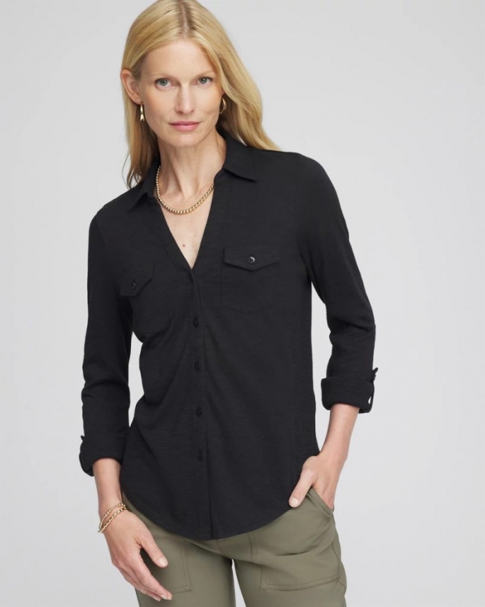 Chicos Collared Henley Shirt - BLACK