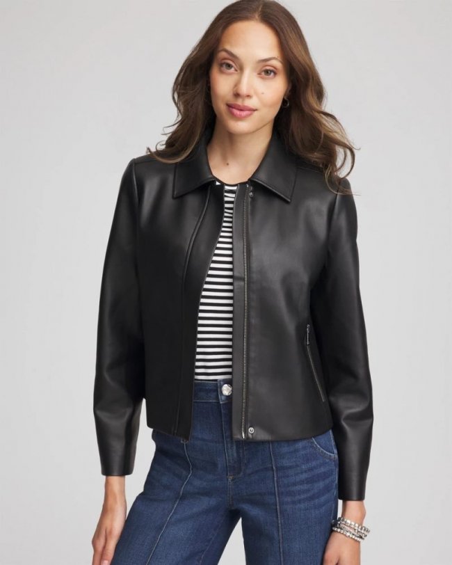 Chicos Faux Leather Zip-Front Jacket - BLACK