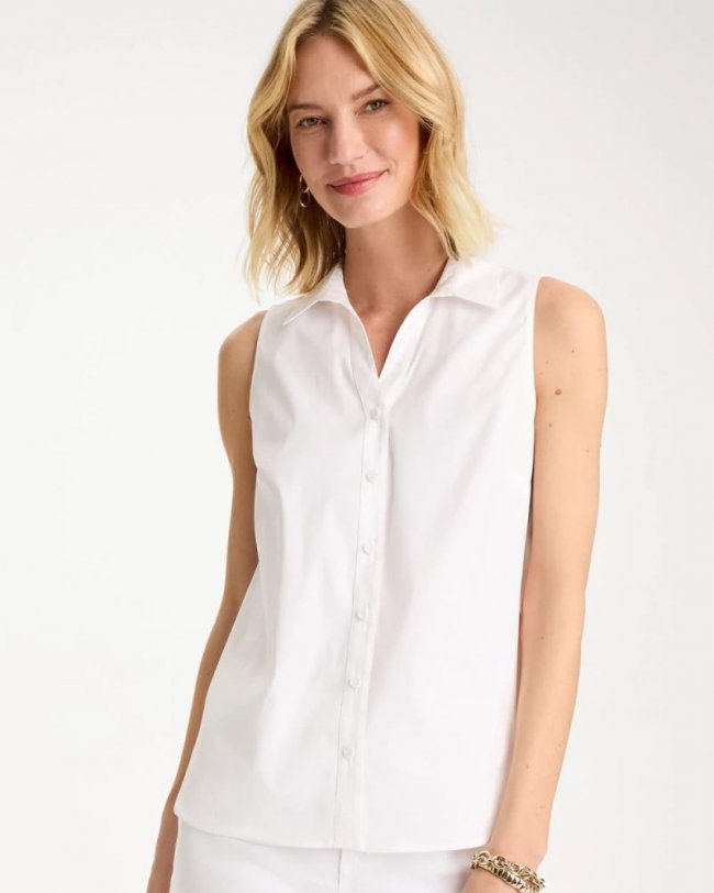 Chicos Cotton-Blend Classic Sleeveless Shirt - ALABASTER