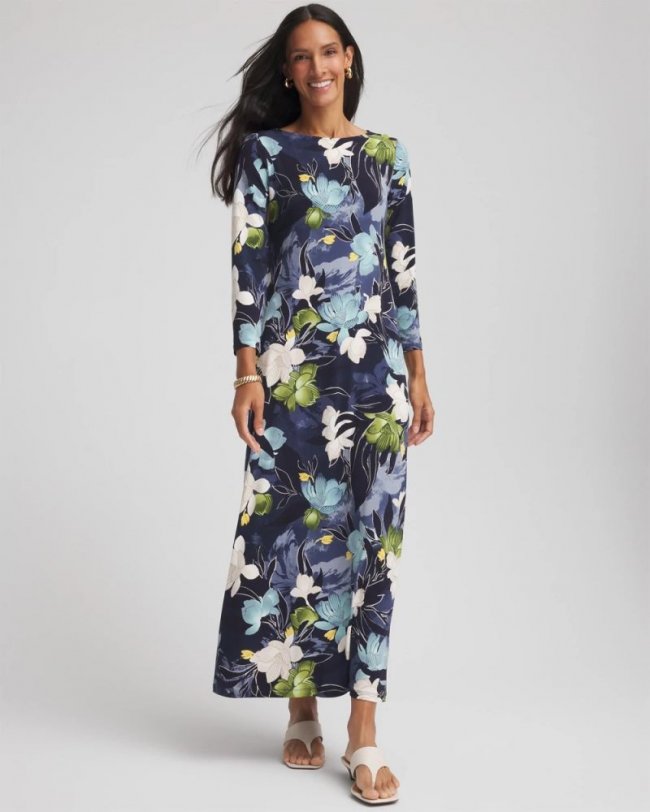 Chicos Dance Boatneck Column Maxi Dress - PASSPORT BLUE