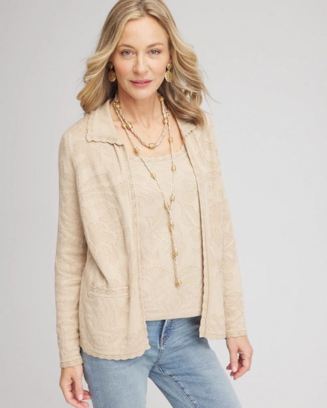 Chicos Pointelle Lace Scallop Cardigan - WILD TRUFFLE