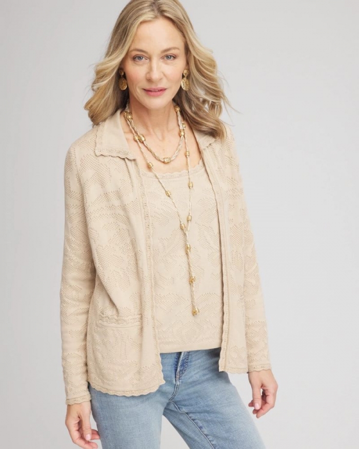 Chicos Pointelle Lace Scallop Cardigan - WILD TRUFFLE