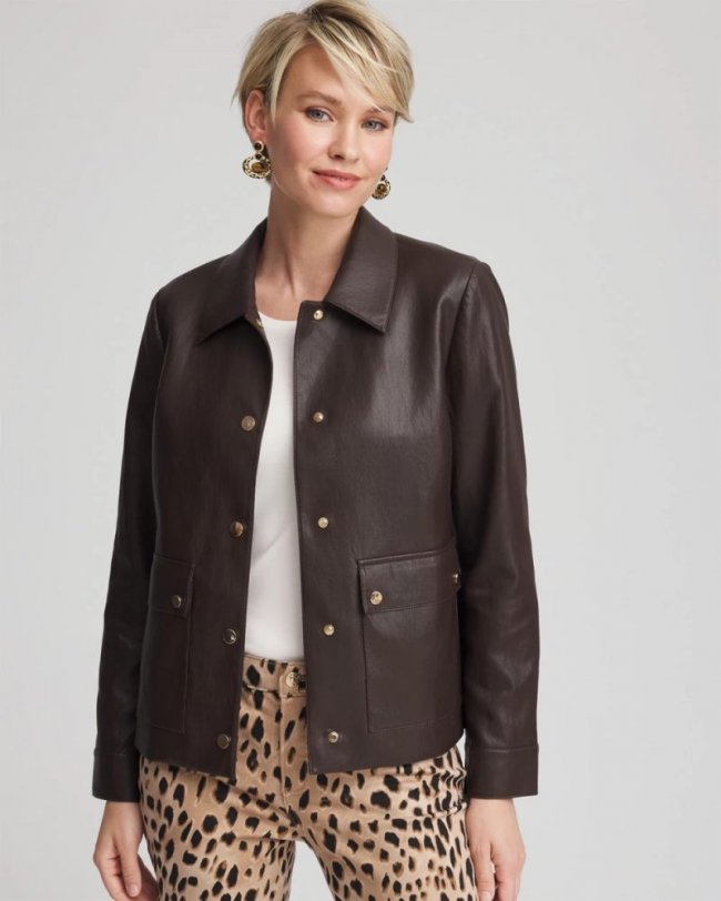 Chicos Snap Front Faux Leather Jacket - BLACK RAISIN