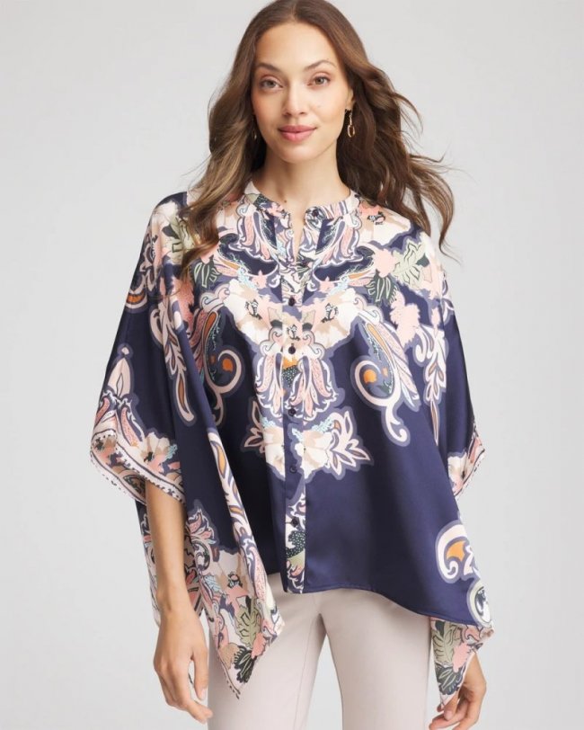 Chicos Collarless Floral-Paisley Poncho - PASSPORT BLUE