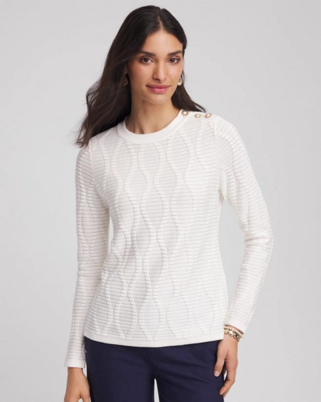 Chicos Button Shoulder Crewneck Pullover - ECRU