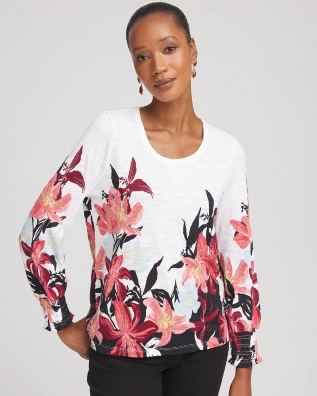 Chicos Floral-Motif Smocked Cotton-Slub Tee - ALABASTER