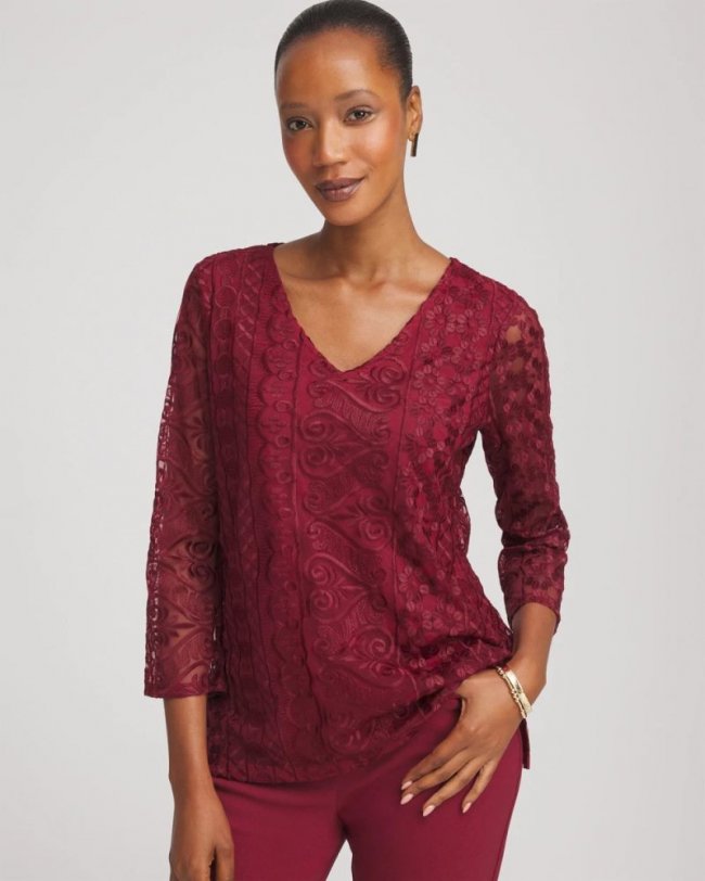 Chicos Embroidered Mesh Tunic Top - RUSSET RED