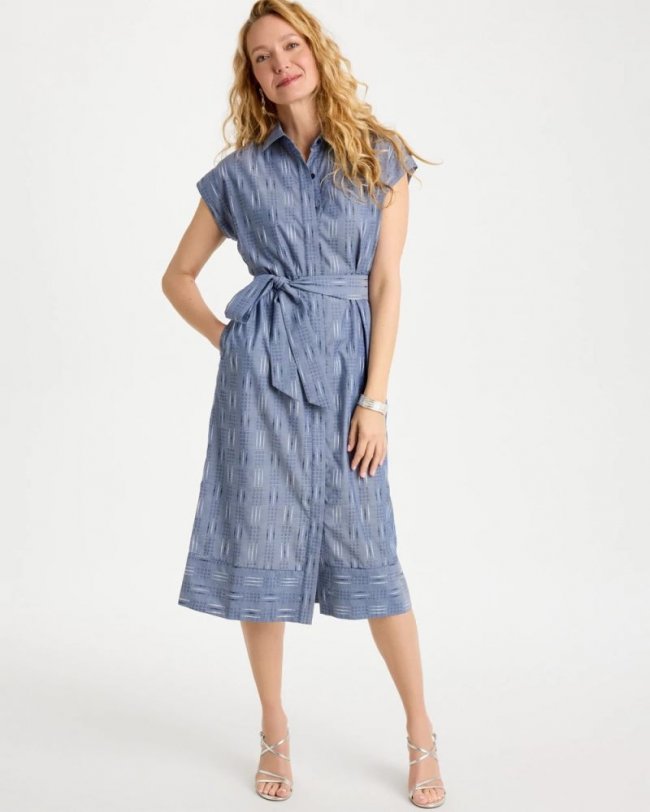 Chicos Clip Jacquard Denim Shirtdress - BLUE