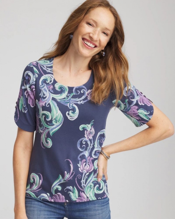 Chicos Tulip Sleeve Pima Tee - TEAL SHADOW