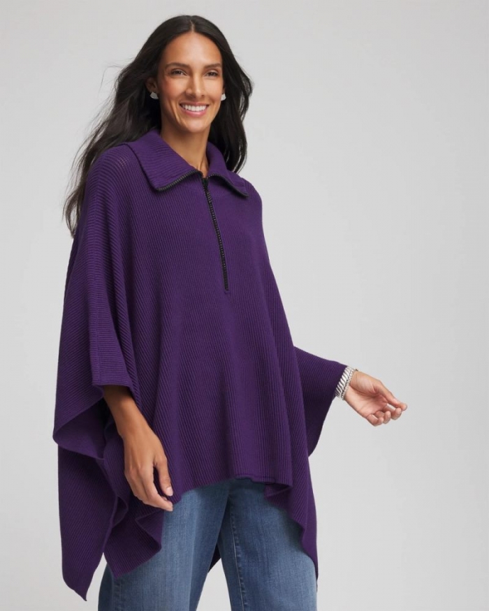 Chicos Rhinestone Zip-Collar Sweater Poncho - PURPLE ELIXIR
