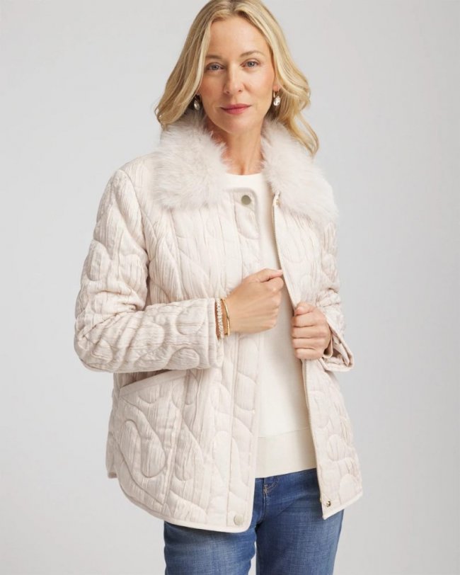 Chicos Quilted Faux Fur Collar Jacket - CREAM