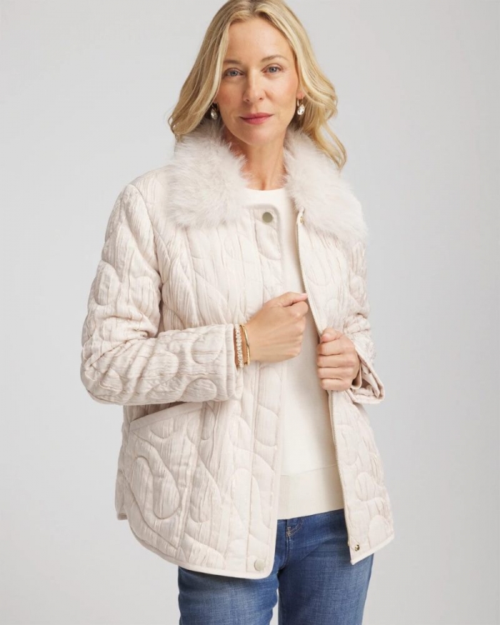 Chicos Quilted Faux Fur Collar Jacket - CREAM