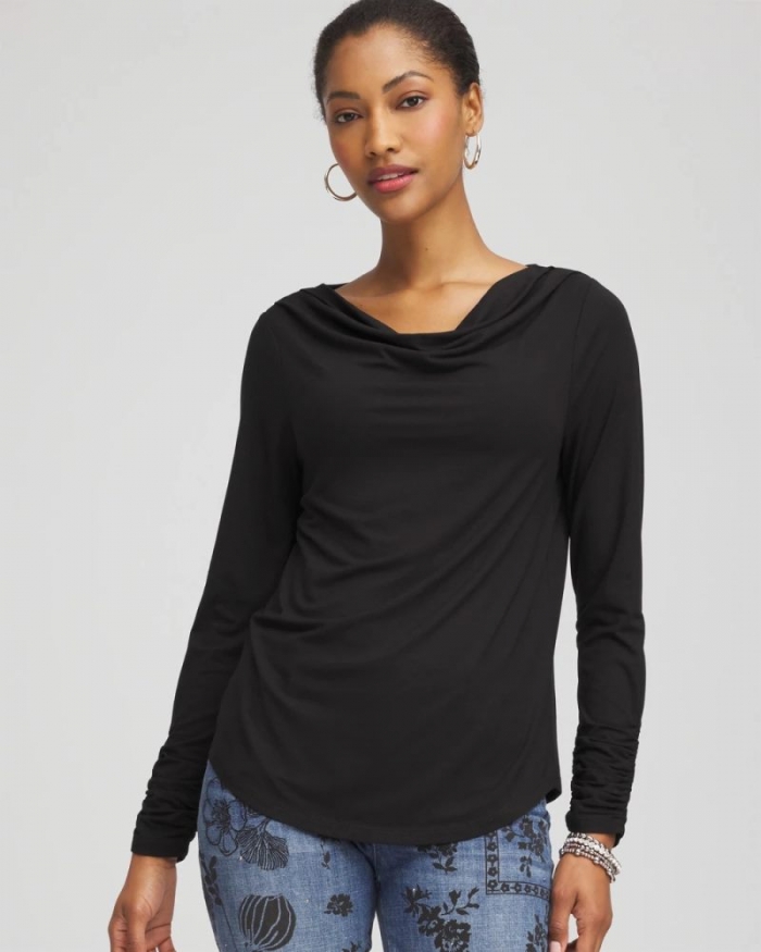Chicos Cowlneck Long-Sleeved Tee - BLACK