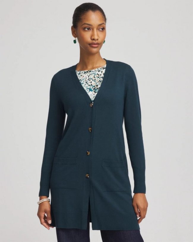 Chicos Ella Pocketed Cardigan Sweater - TEAL SHADOW